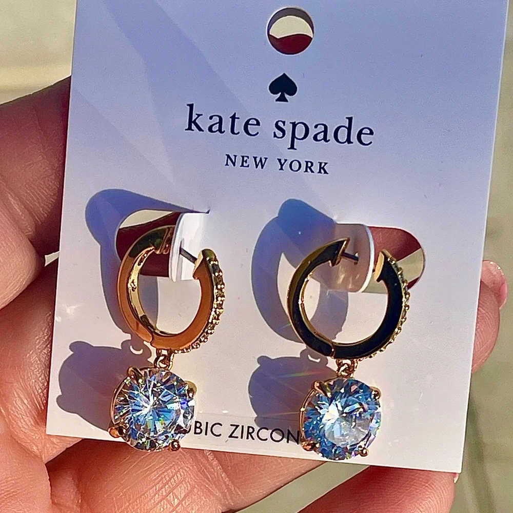 Kate Spade NWT Crystal Drop Gold hoop Huggies Earrings Brilliant CubicZirconia - Picture 4 of 10
